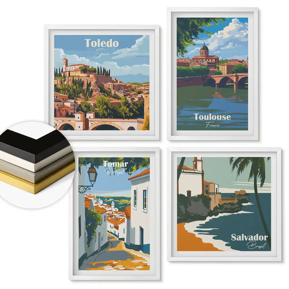 Set de 4 tablouri înrămate cu peisaje urbane din diverse țări