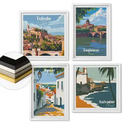 Set de 4 tablouri înrămate cu peisaje urbane din diverse țări