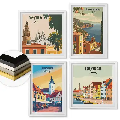 Set de tablouri înrămate cu grafică colorată reprezentând orașe europene