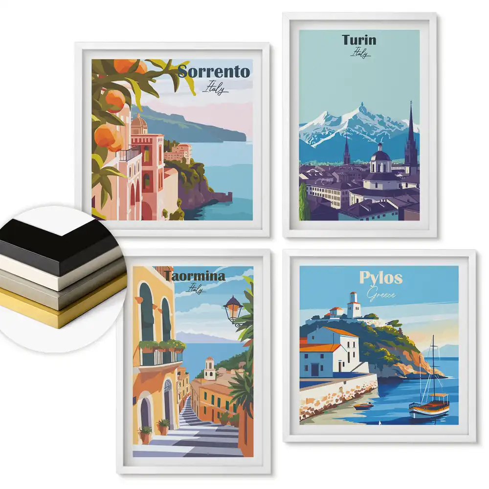 Set de tablouri înrămate cu ilustrații de orașe europene pitorești