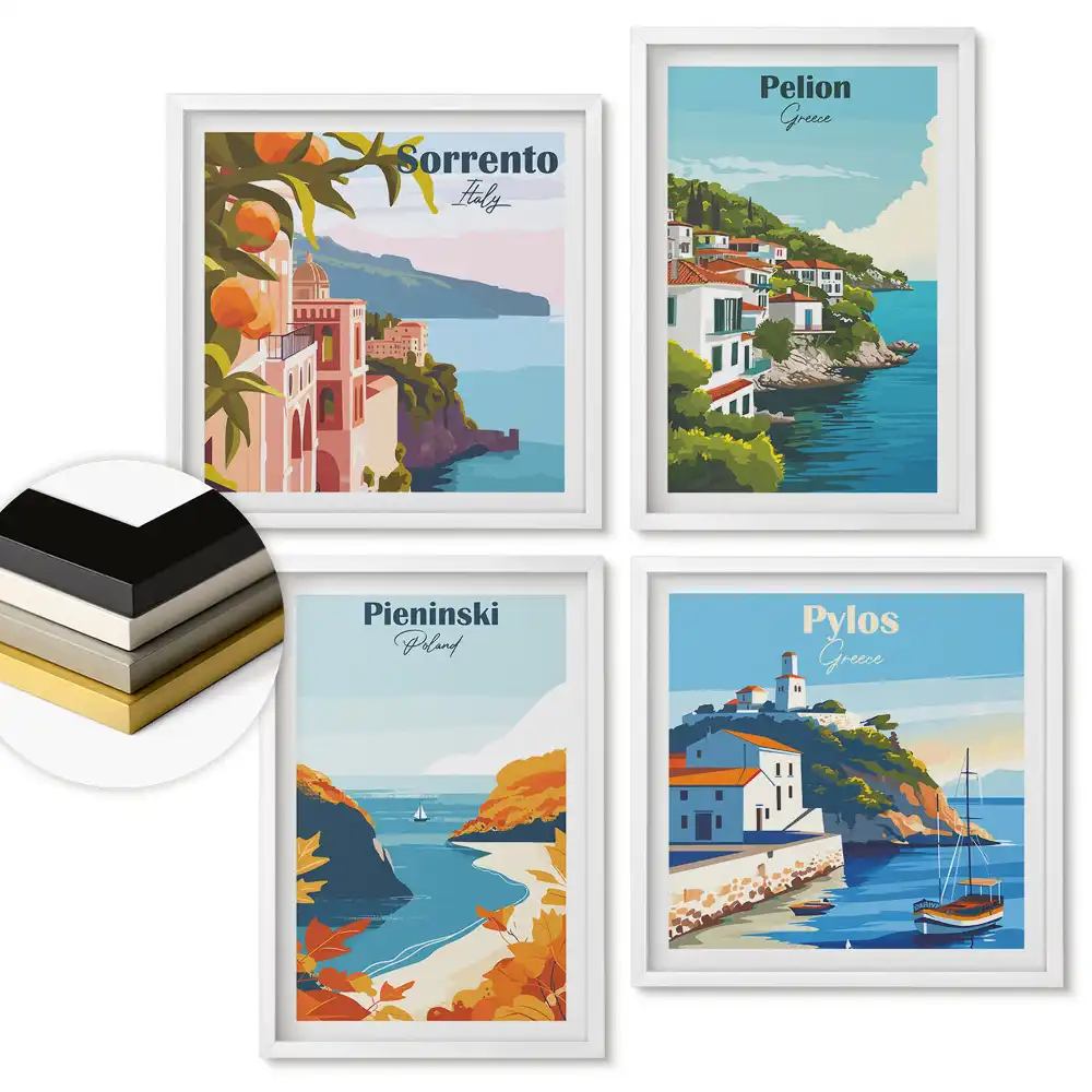 Set 4 tablouri înrămate cu ilustrații de locuri pitorești din Europa