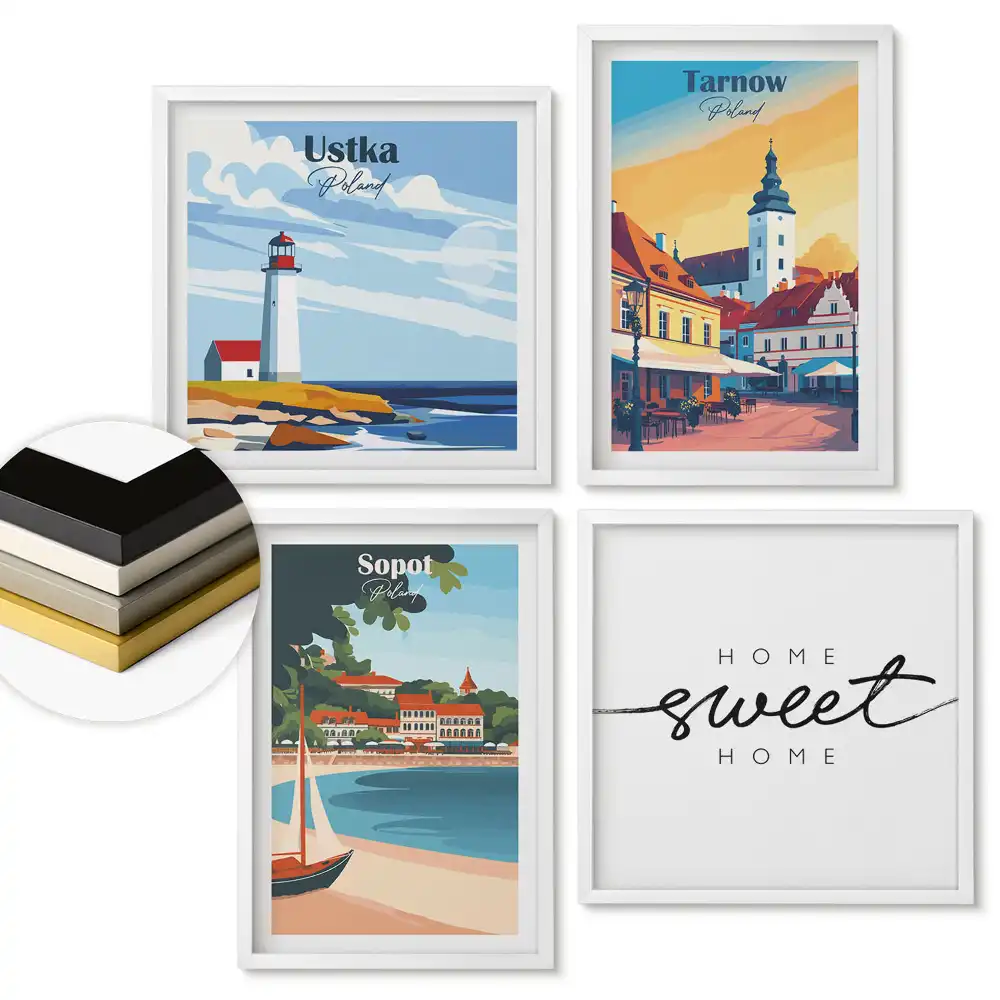 Set de 4 tablouri înrămate cu orașe poloneze în stil retro