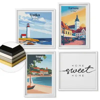 Set de 4 tablouri înrămate cu orașe poloneze în stil retro
