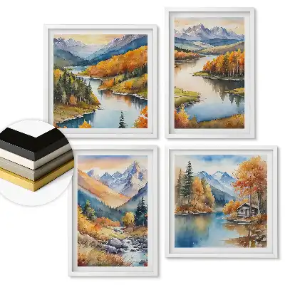 Set de 4 tablouri înrămate cu peisaje montane și acvatice de toamnă