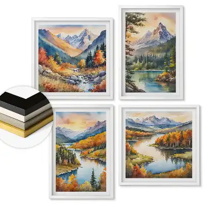 Set 4 tablouri înrămate cu peisaje montane și acvatice de toamnă