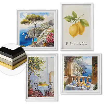 Set de 4 tablouri înrămate cu peisaje italiene și accente de lămâie