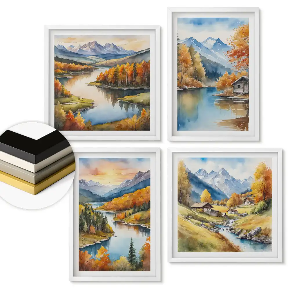 Set de tablouri înrămate cu peisaje montane și acvatice de toamnă
