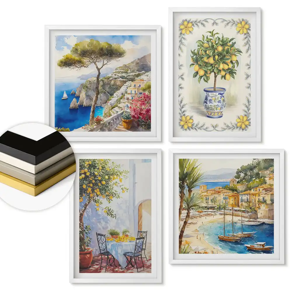 Set de 4 tablouri înrămate cu peisaje pitorești și citrice