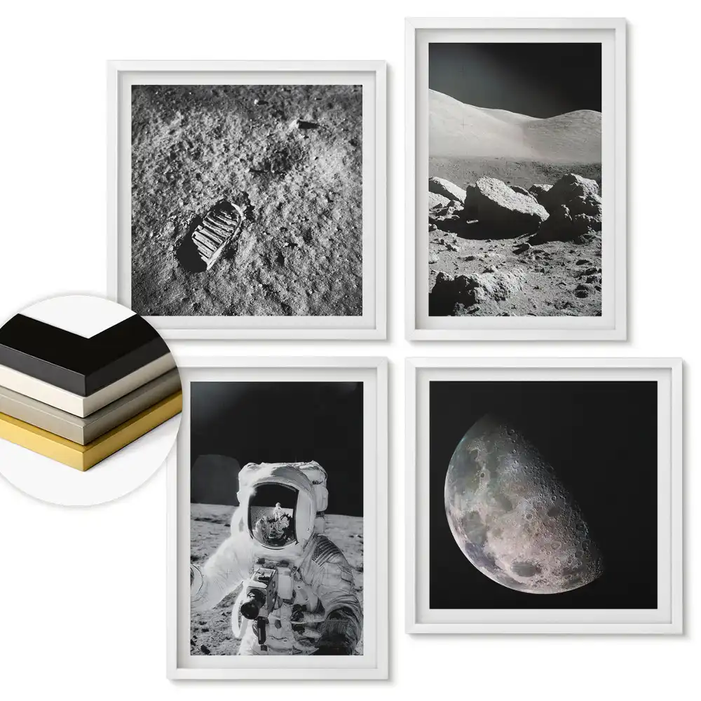 Set 4 tablouri înrămate Călătorii în spațiu cu Luna și astronauți