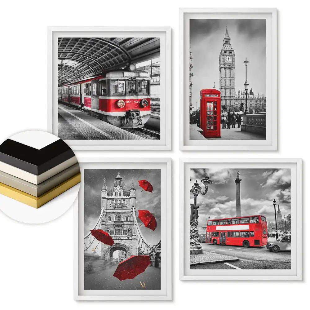 Set de 4 tablouri înrămate Londra roșie într-un decor monocromatic