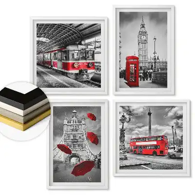 Set de 4 tablouri înrămate Londra roșie într-un decor monocromatic