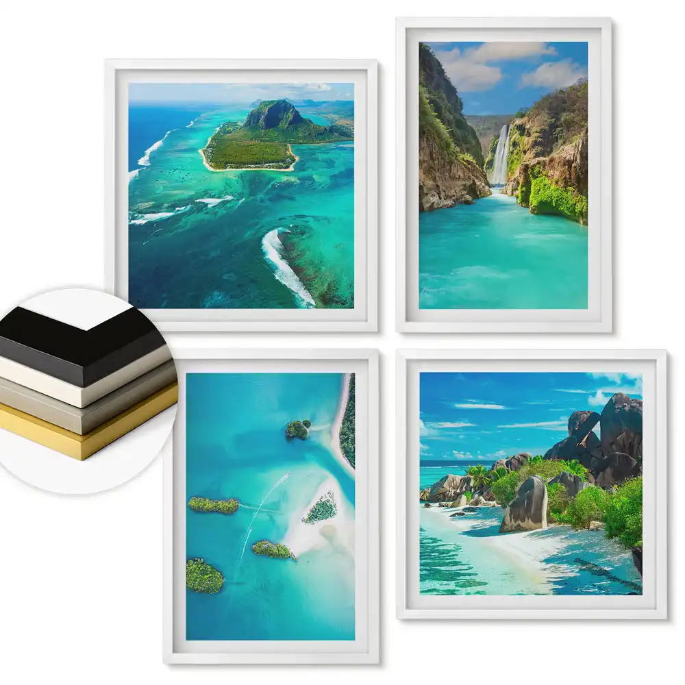 Set de 4 tablouri înrămate cu vederi paradisiace ale insulelor tropicale