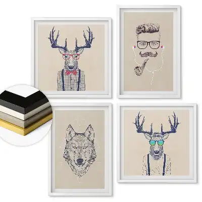 Set de tablouri înrămate cu portrete elegante de oameni și animale