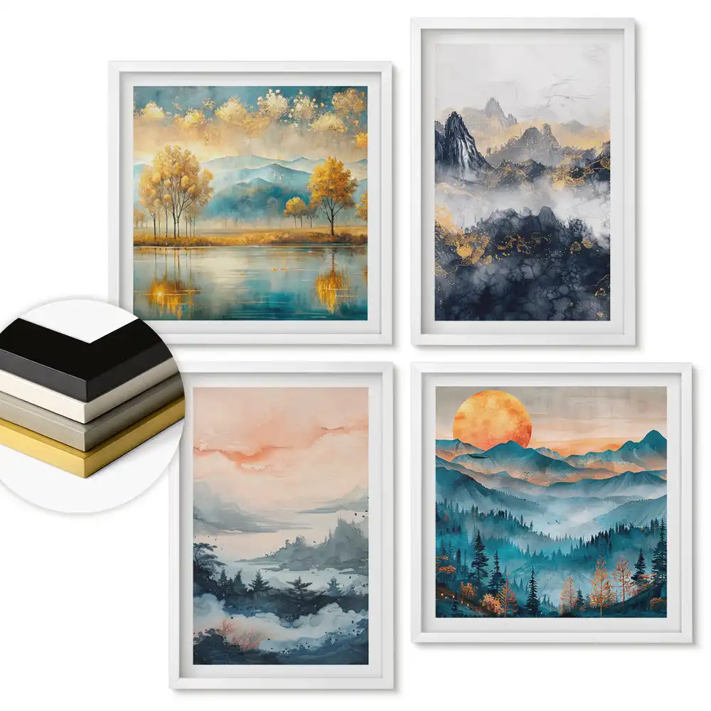 Set de tablouri înrămate cu peisaje naturale pitorești în culori
