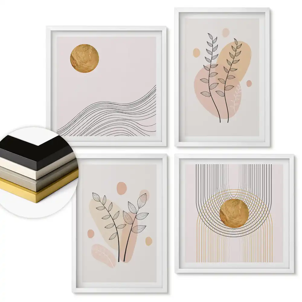 Set 4 tablouri înrămate cu compoziții abstracte și motive vegetale