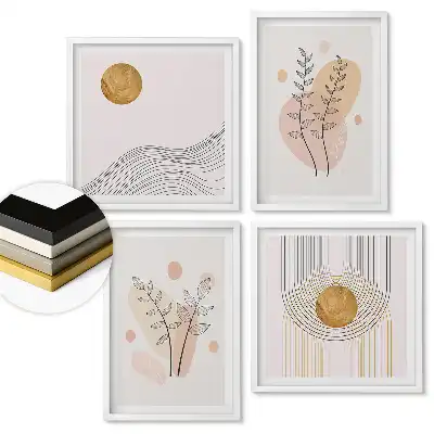 Set 4 tablouri înrămate cu compoziții abstracte și motive vegetale