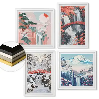 Set de 4 tablouri înrămate cu peisaje din Japonia în diferite anotimpuri