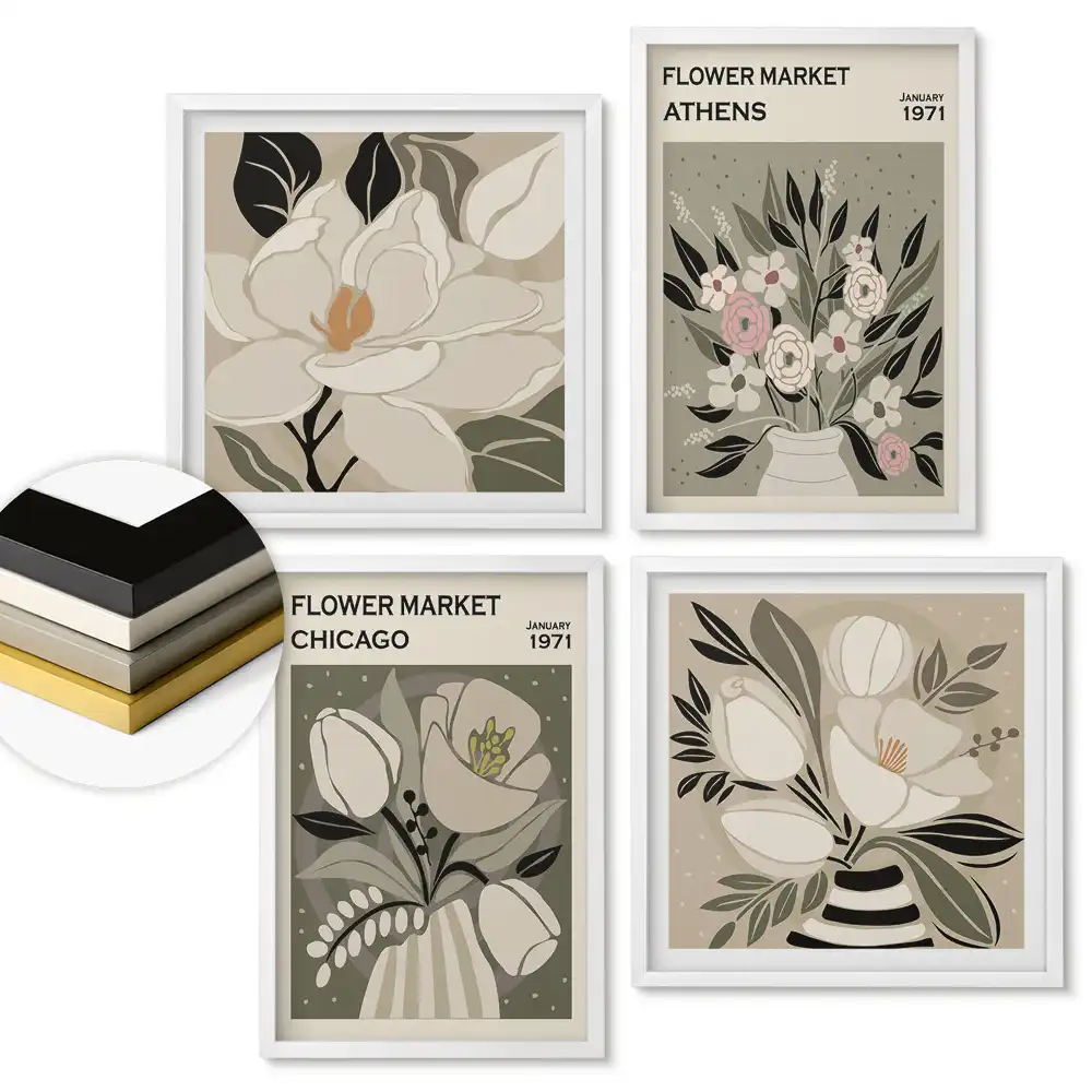 Set de tablouri înrămate cu piețe de flori din diferite orașe