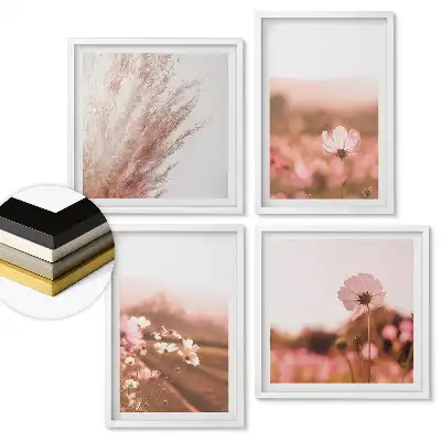 Set de 4 tablouri înrămate cu peisaje florale în nuanțe delicate