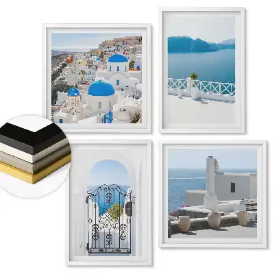 Set 4 tablouri înrămate Peisaje din Santorini cu ramă albă