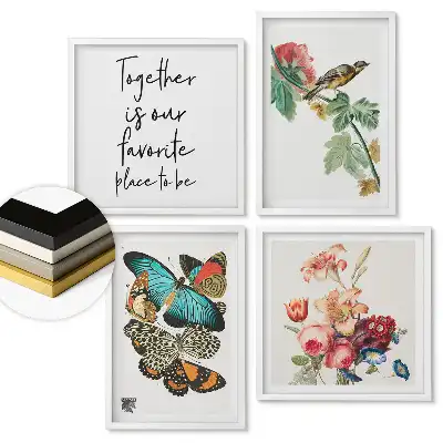 Set de 4 tablouri înrămate cu fluturi și flori colorate