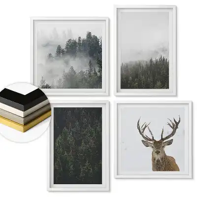 Set de 4 tablouri înrămate cu faună sălbatică în peisaj montan