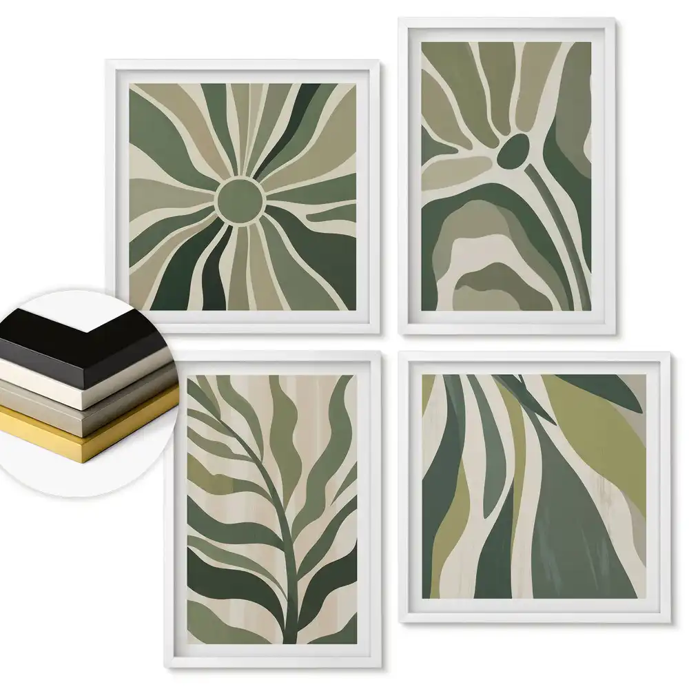 Set 4 tablouri înrămate cu abstracțiuni de plante verzi în armonie