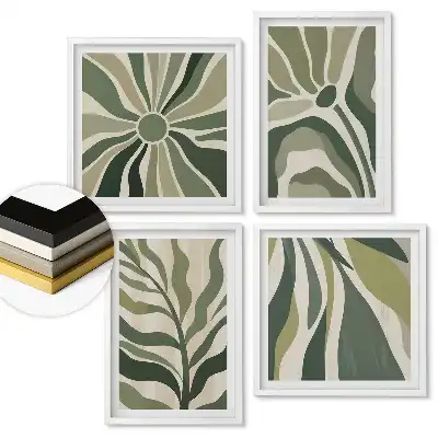 Set 4 tablouri înrămate cu abstracțiuni de plante verzi în armonie