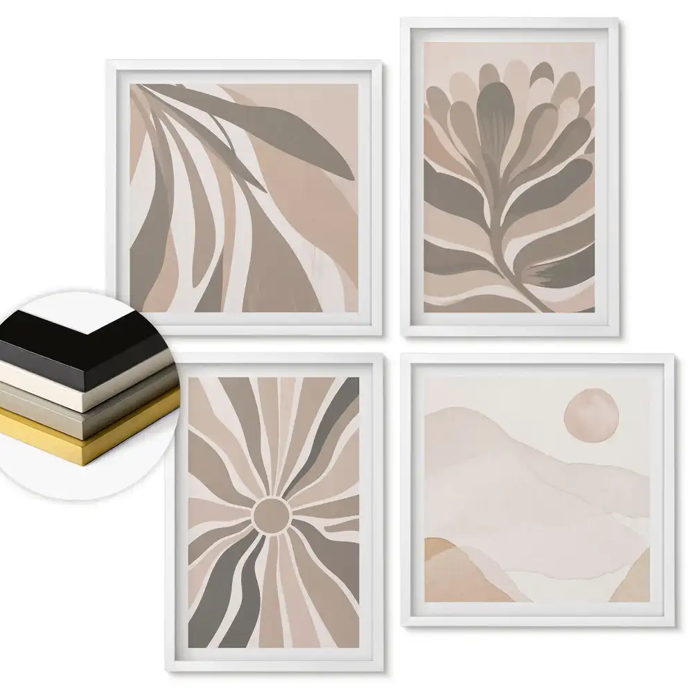 Set de 4 tablouri înrămate cu compoziții abstracte în culori discrete