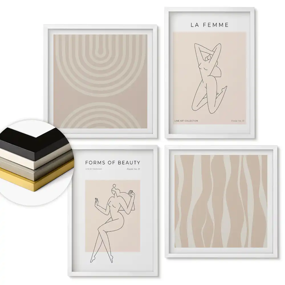 Set de tablouri înrămate cu forme abstracte și frumusețe feminină