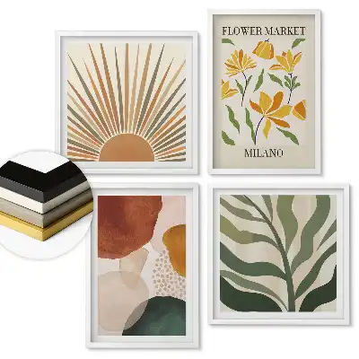 Set de tablouri înrămate cu flori și elemente abstracte