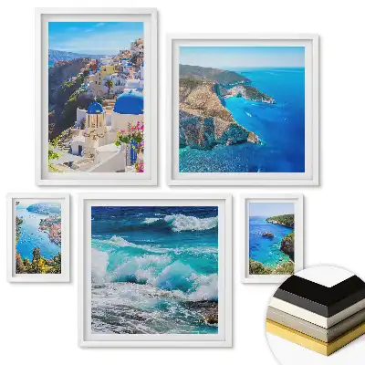 Set de 5 tablouri înrămate cu peisaje pitorești de coastă din Grecia