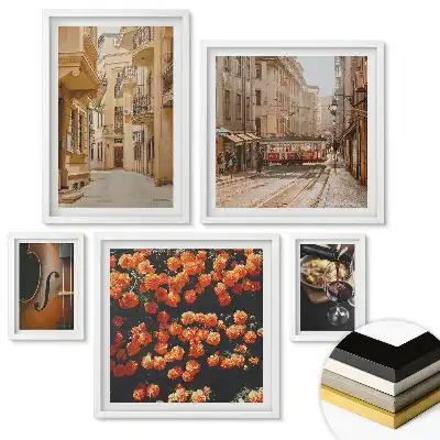 Set 5 tablouri înrămate Farmecul orașului, vinul, muzica și florile