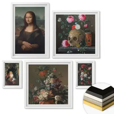 Set de 5 tablouri înrămate cu flori, cranii și secretele artei