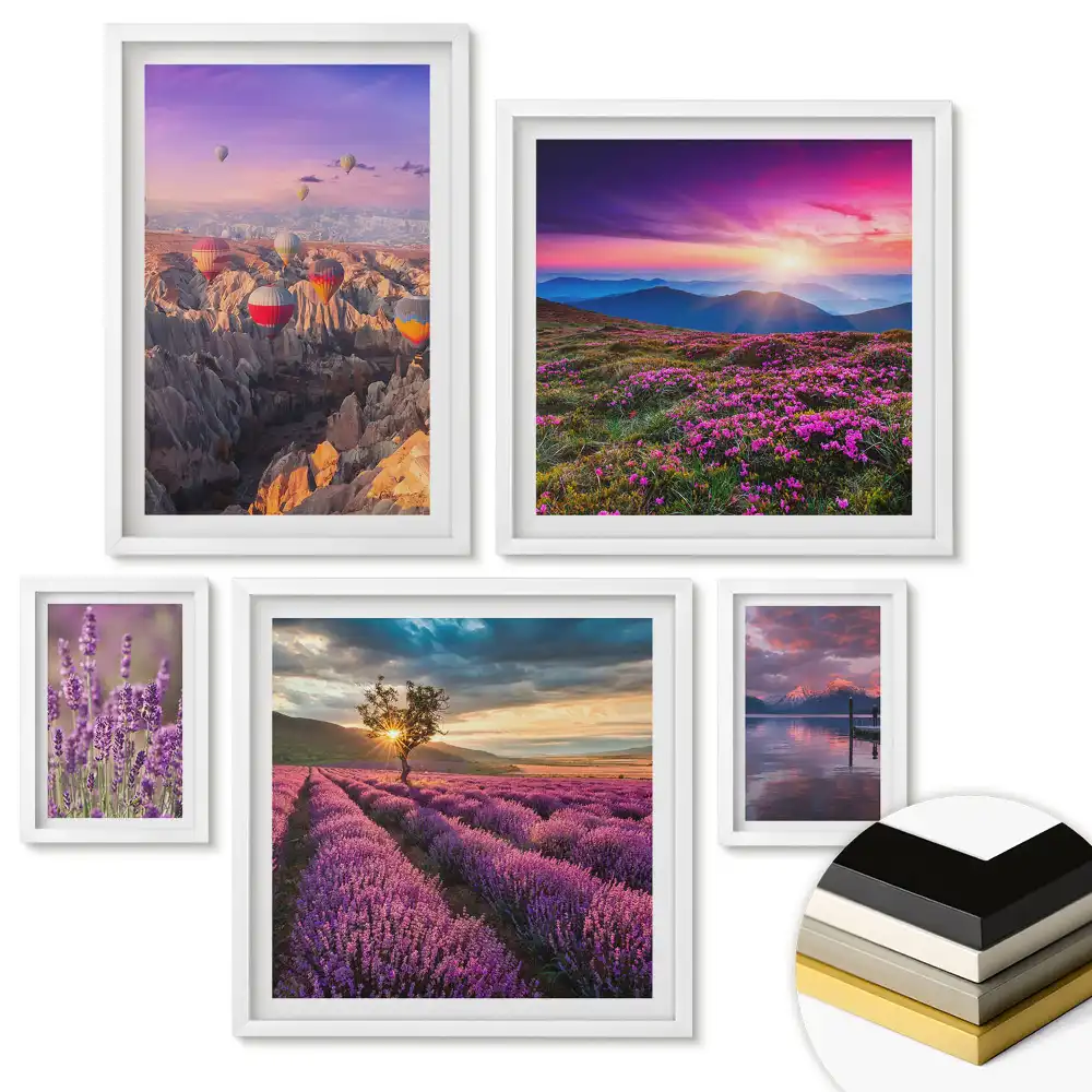 Set de 5 tablouri înrămate cu peisaje naturale în culorile apusului