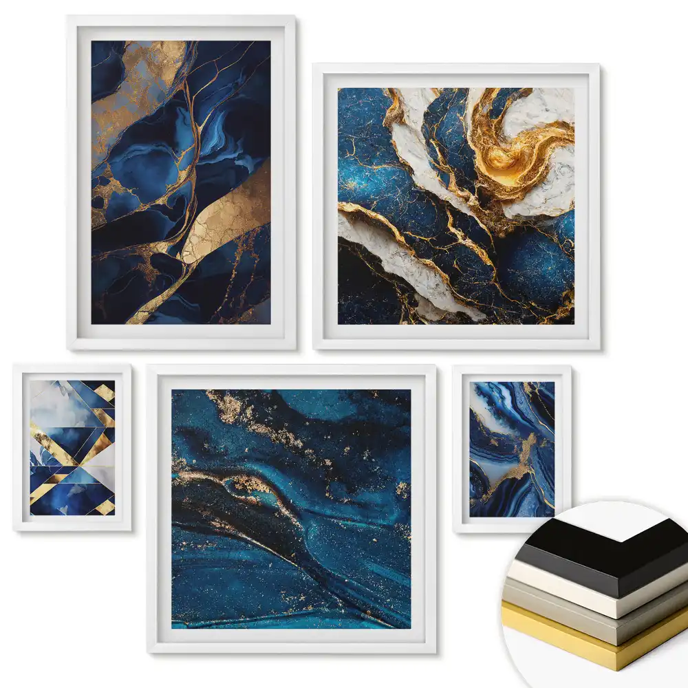 Set de tablouri înrămate Abstracțiuni albastre cu accente aurii