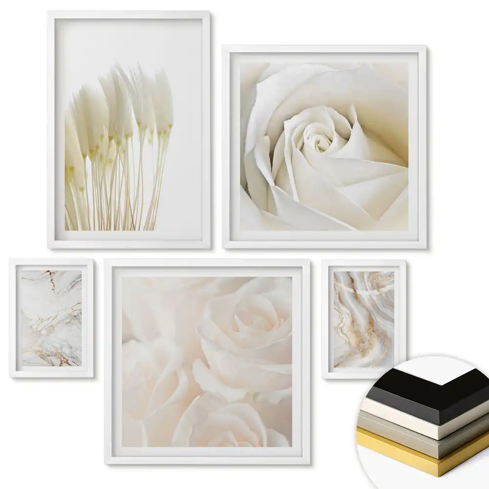 Set de 5 tablouri înrămate Eleganță în alb și auriu