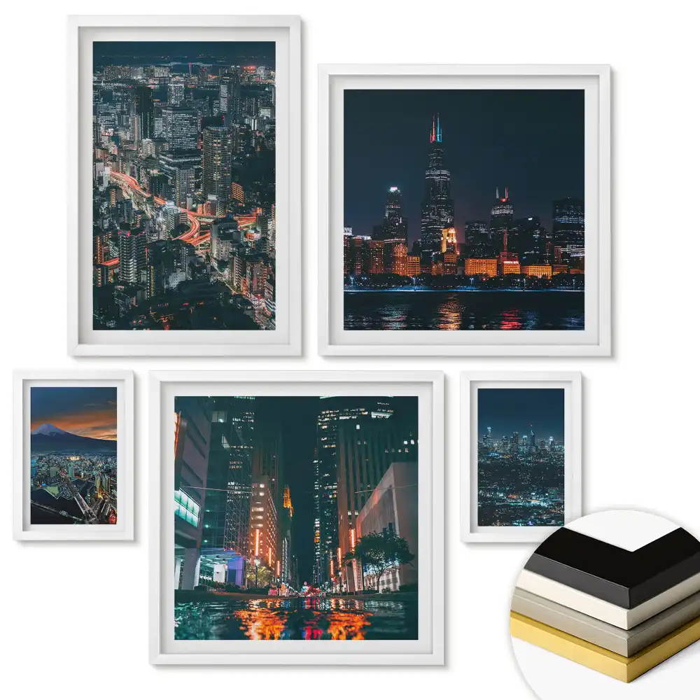 Set de tablouri înrămate cu peisaje nocturne urbane și montane