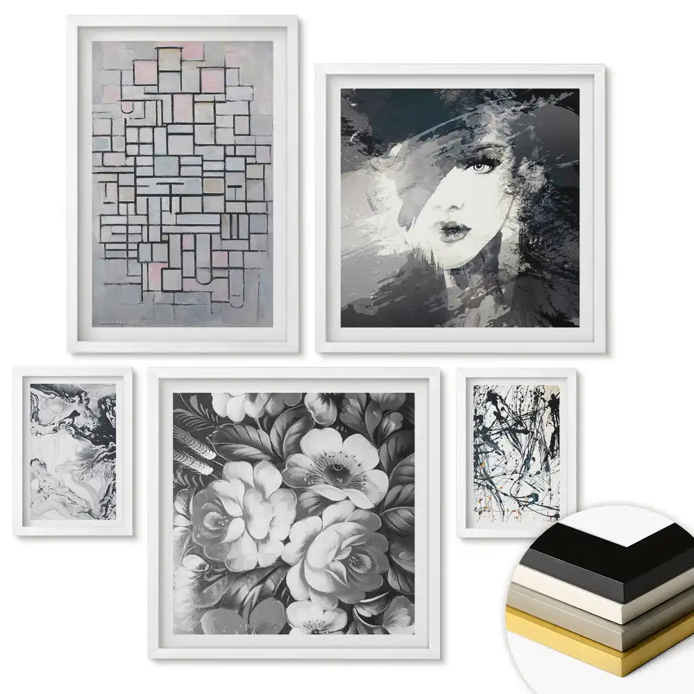 Set 5 tablouri înrămate Artă în nuanțe de alb și negru