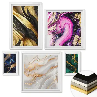 Set de 5 tablouri înrămate cu compoziții abstracte în nuanțe colorate și aurii