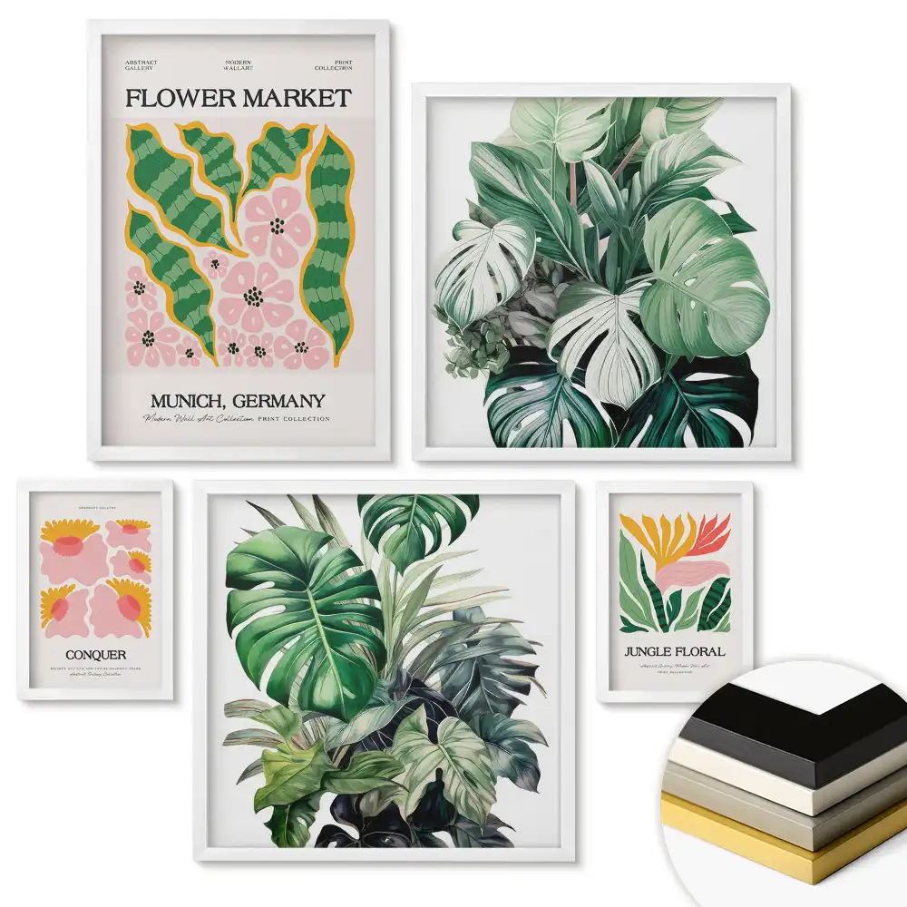 Set 5 tablouri înrămate cu design tropical în stil modern
