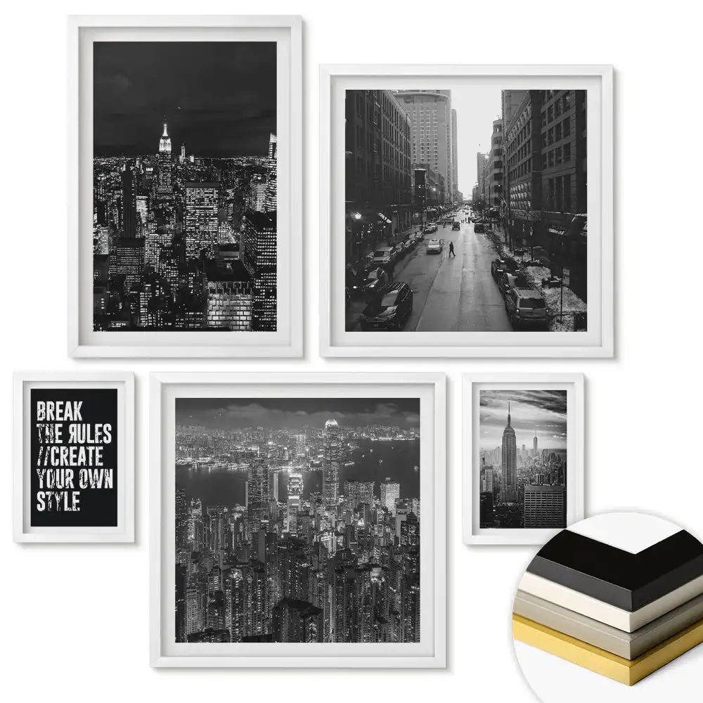 Set de 5 tablouri înrămate cu oraș modern în alb și negru
