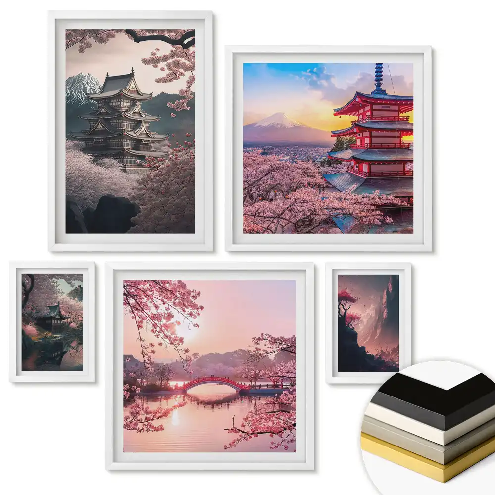 Set de 5 tablouri înrămate Peisaje din Japonia în strălucirea primăverii
