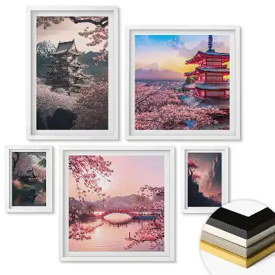 Set de 5 tablouri înrămate Peisaje din Japonia în strălucirea primăverii