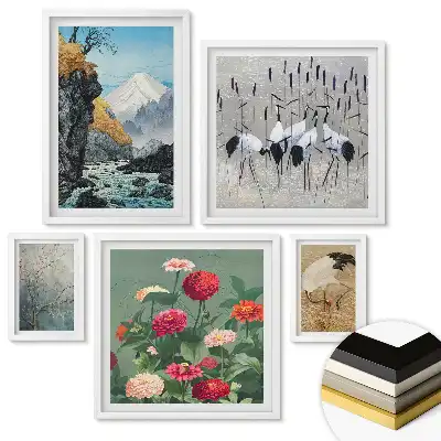 Set de 5 tablouri înrămate cu peisaje naturale și păsări