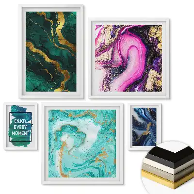 Set 5 tablouri înrămate Abstracțiuni colorate cu efect auriu