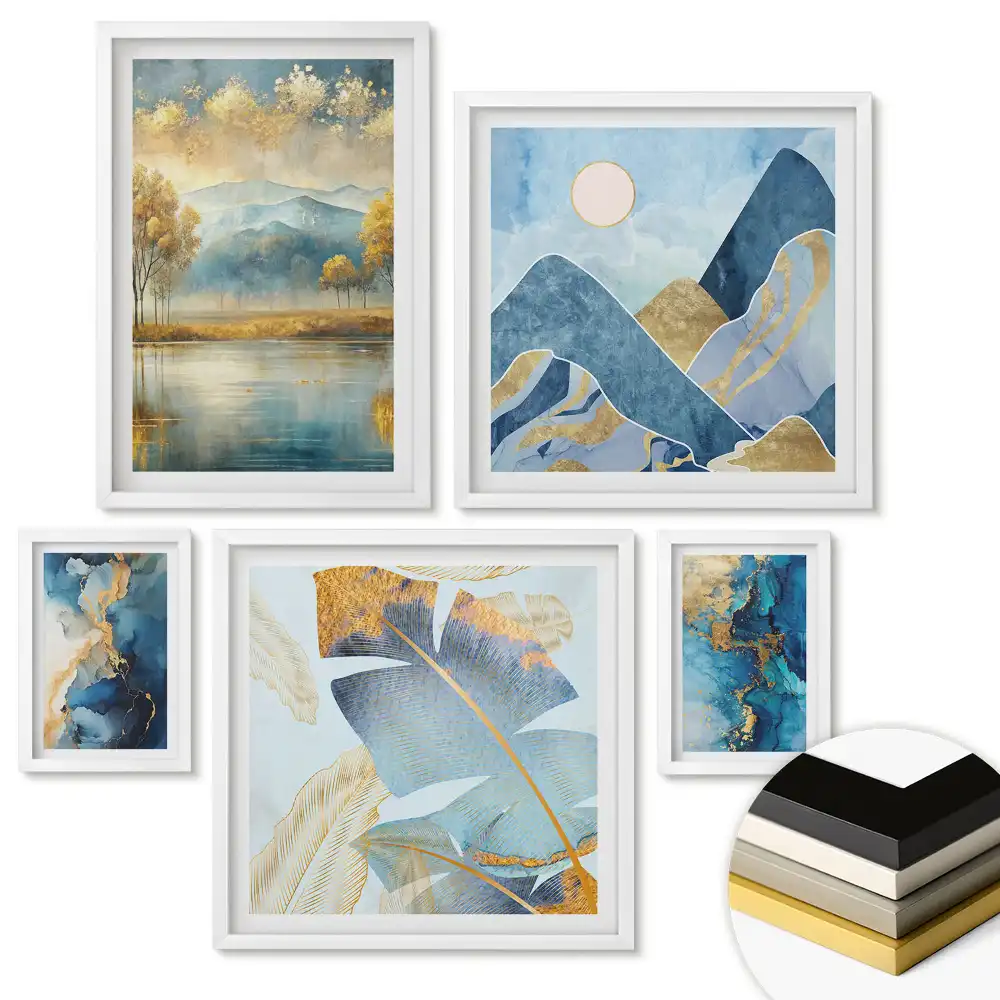 Set 5 tablouri înrămate cu peisaje abstracte în nuanțe de albastru