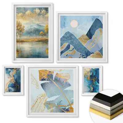 Set 5 tablouri înrămate cu peisaje abstracte în nuanțe de albastru