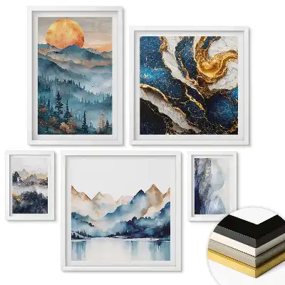 Set de tablouri înrămate cu peisaje abstracte în nuanțe de albastru