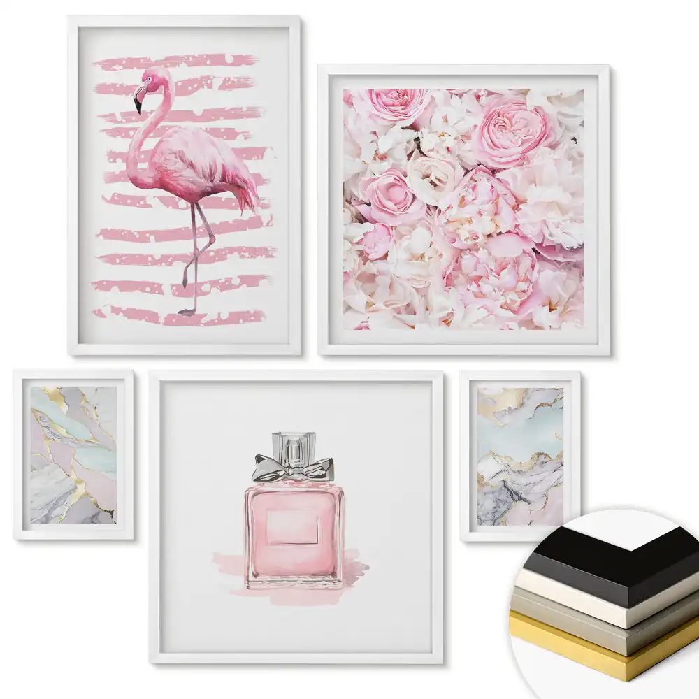 Set 5 tablouri înrămate cu motive florale și nuanțe pastelate